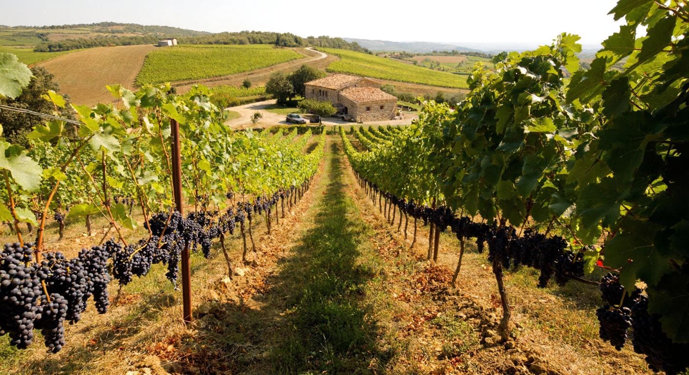 A sunlit vineyard in Tekirdağ with rolling green hills, rows of grapevines heavy with dark purple fruit, and a rustic stone winery in the background, evoking warmth and tradition.