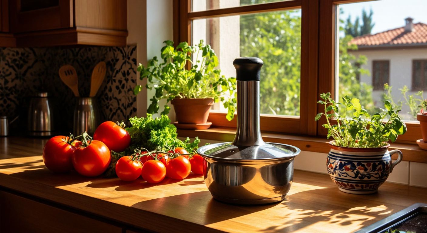 A stainless steel blender blade rests on a wooden kitchen counter in a sunlit Turkish home, surrounded by fresh vegetables and a traditional ceramic bowl.