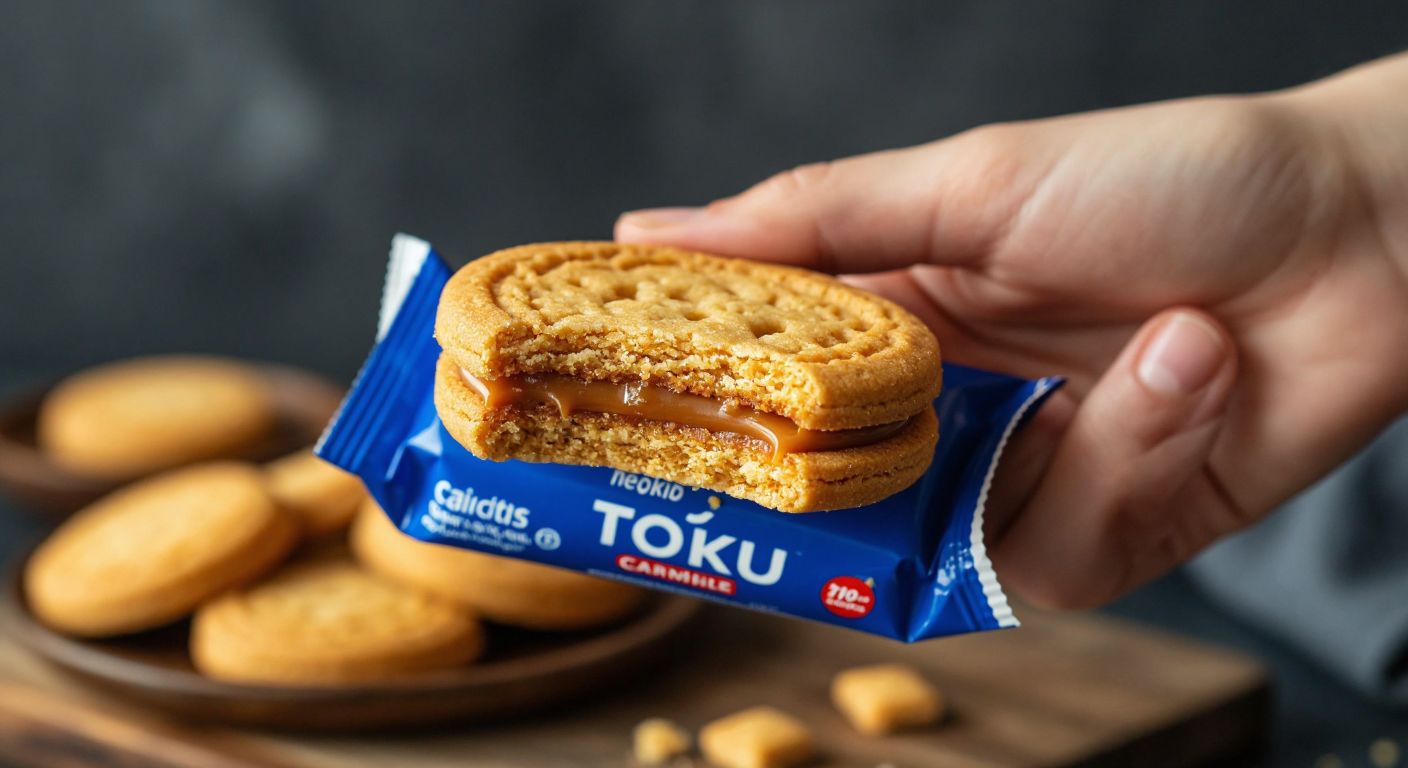 A hand holding a golden-brown caramel biscuit from a Torku-branded blue-and-white package, with a small nutrition label mock-up (without text) in the background, evoking a simple, everyday Turkish snack moment.