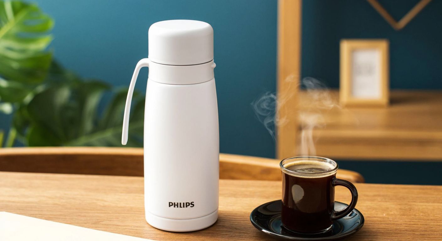 A sleek white stainless steel Philips thermos sits on a wooden table beside a steaming cup of Turkish coffee, radiating warmth and comfort in a cozy home setting.