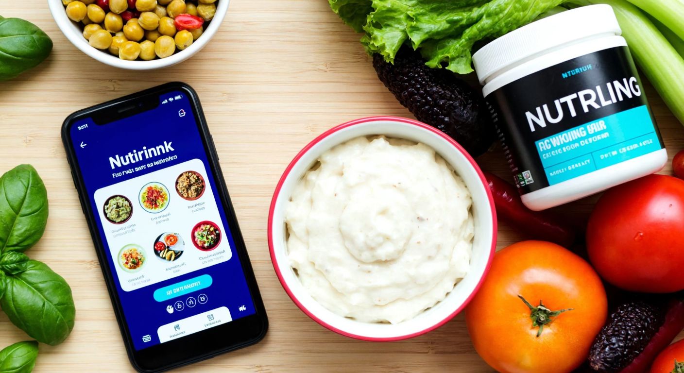 A vibrant Turkish kitchen scene with a smartphone displaying a colorful food-tracking app next to a bowl of NutriKing rice cream and a pre-workout supplement, surrounded by fresh fruits and vegetables.