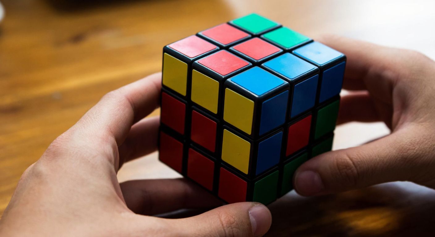 A close-up of a colorful Rubik's Cube held by a pair of hands, with some sides partially solved and others still mixed, against a warm wooden table in a cozy Turkish café.