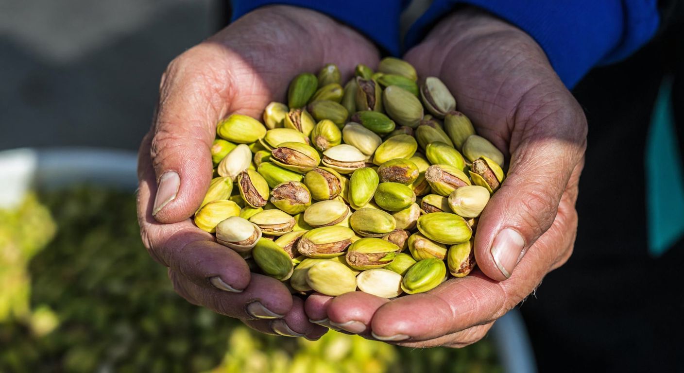 A close-up of a Turkish vendor’s weathered hands holding a handful of vibrant green pistachios with beige shells, their glossy sheen catching sunlight in a bustling Gaziantep bazaar.