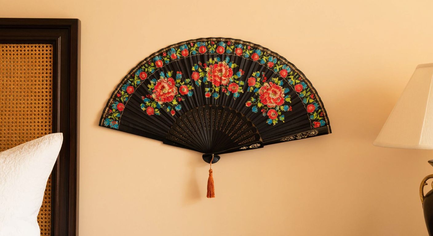 A large, ornate hand fan with vibrant floral patterns hangs elegantly on a warm-toned bedroom wall, adding a touch of traditional Turkish decor to the cozy space.