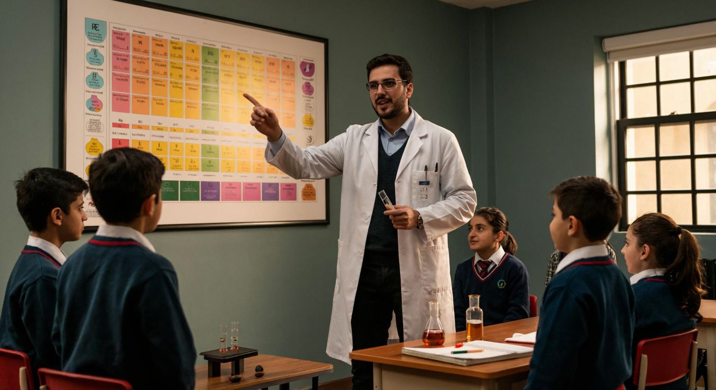 A Turkish chemistry teacher in a lab coat points to a colorful periodic table poster on a classroom wall while students in school uniforms watch attentively.