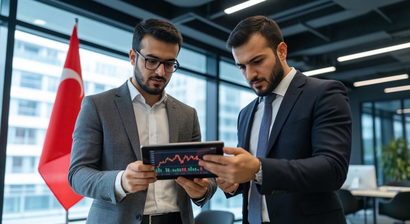 A thoughtful Turkish investor in a modern office setting, holding a tablet displaying stock charts (without visible text), while a financial advisor in a suit points to a document with cautionary symbols (like a red flag) in the background.
