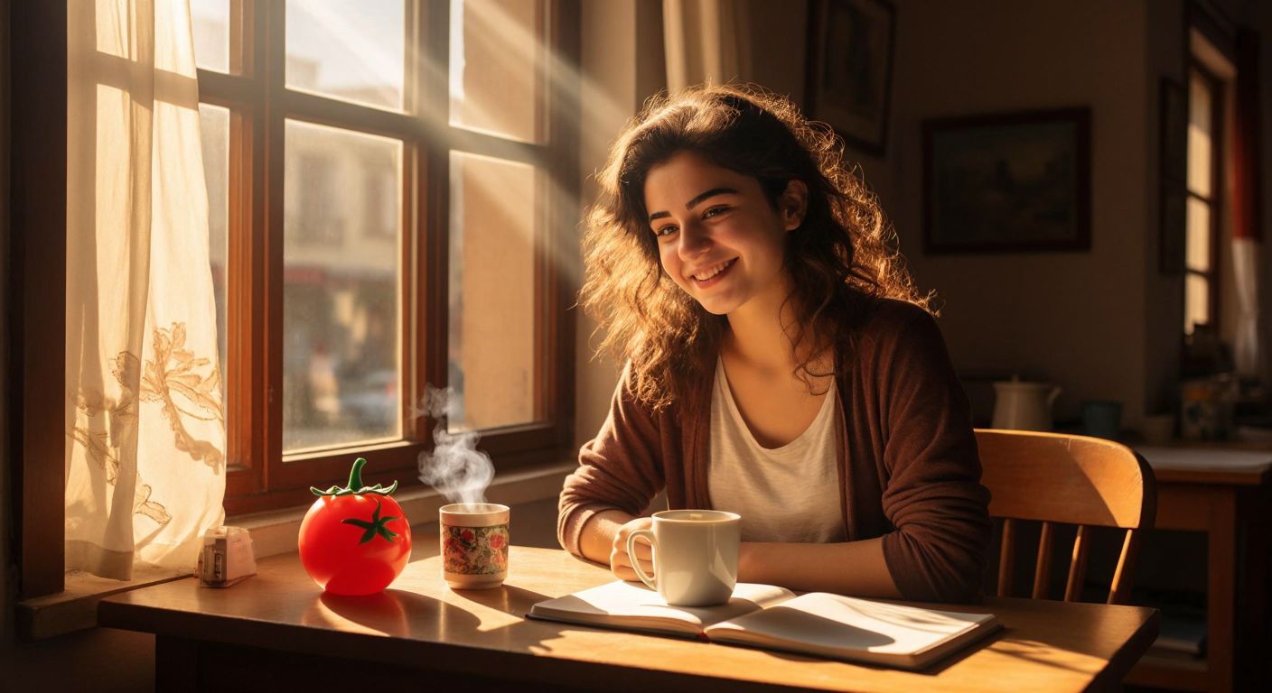 A young Turkish student sits at a wooden desk with a notebook and a tomato-shaped timer, smiling as they focus intently while sunlight streams through a window onto a steaming cup of çay.