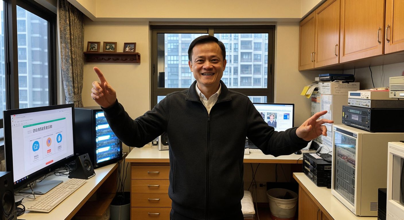 A determined Jack Ma stands in a modest Hangzhou apartment, surrounded by early computer equipment, with a confident smile as he gestures toward a glowing digital marketplace on a monitor.