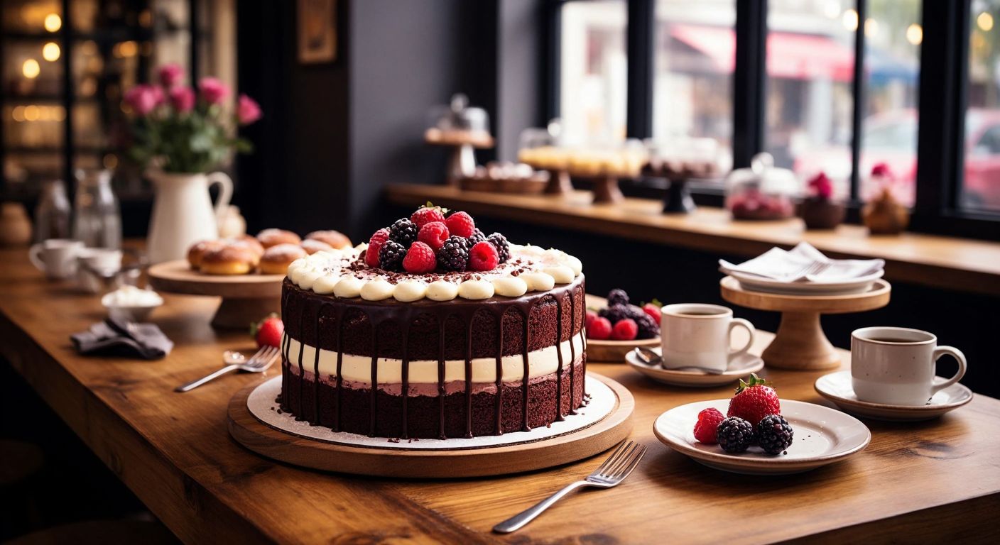 A round, decadent chocolate cake with layers of cream and berries sits on a wooden table in a cozy Turkish bakery, surrounded by ten small plates and forks ready for serving.