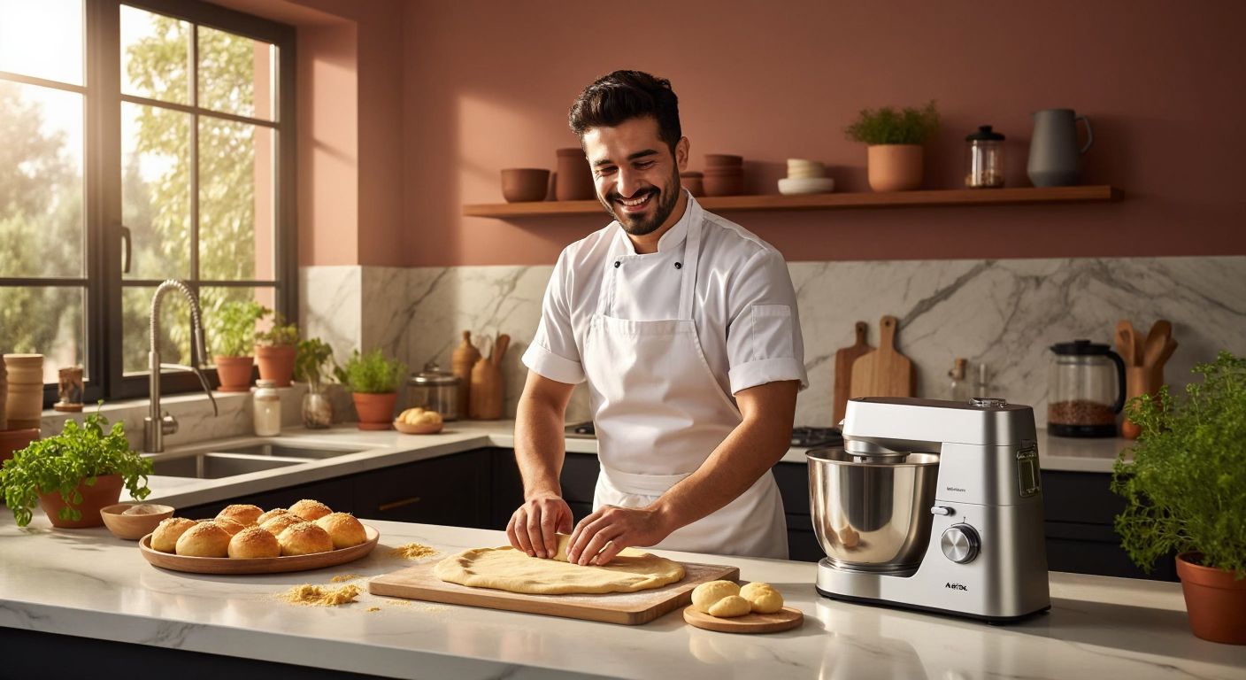 A smiling Turkish chef in a sunlit kitchen rolls out golden dough on a marble counter, with an Arçelik Multi Şef mixer nearby, its attachments neatly arranged.