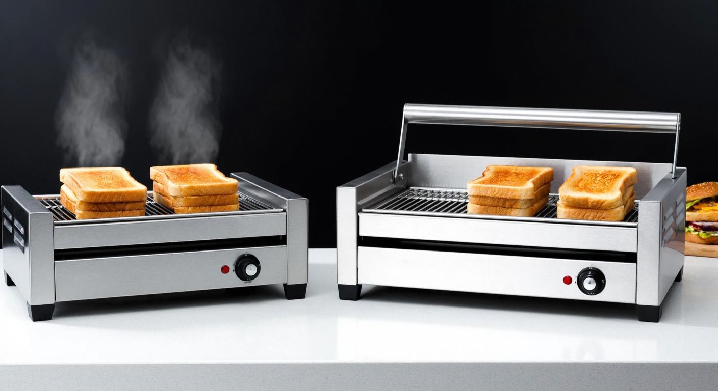Two stainless steel toasting machines side by side on a counter, one slightly longer than the other, with golden-brown toast slices visible inside, steam rising from the grills, and a small oil drip tray beneath the larger machine.