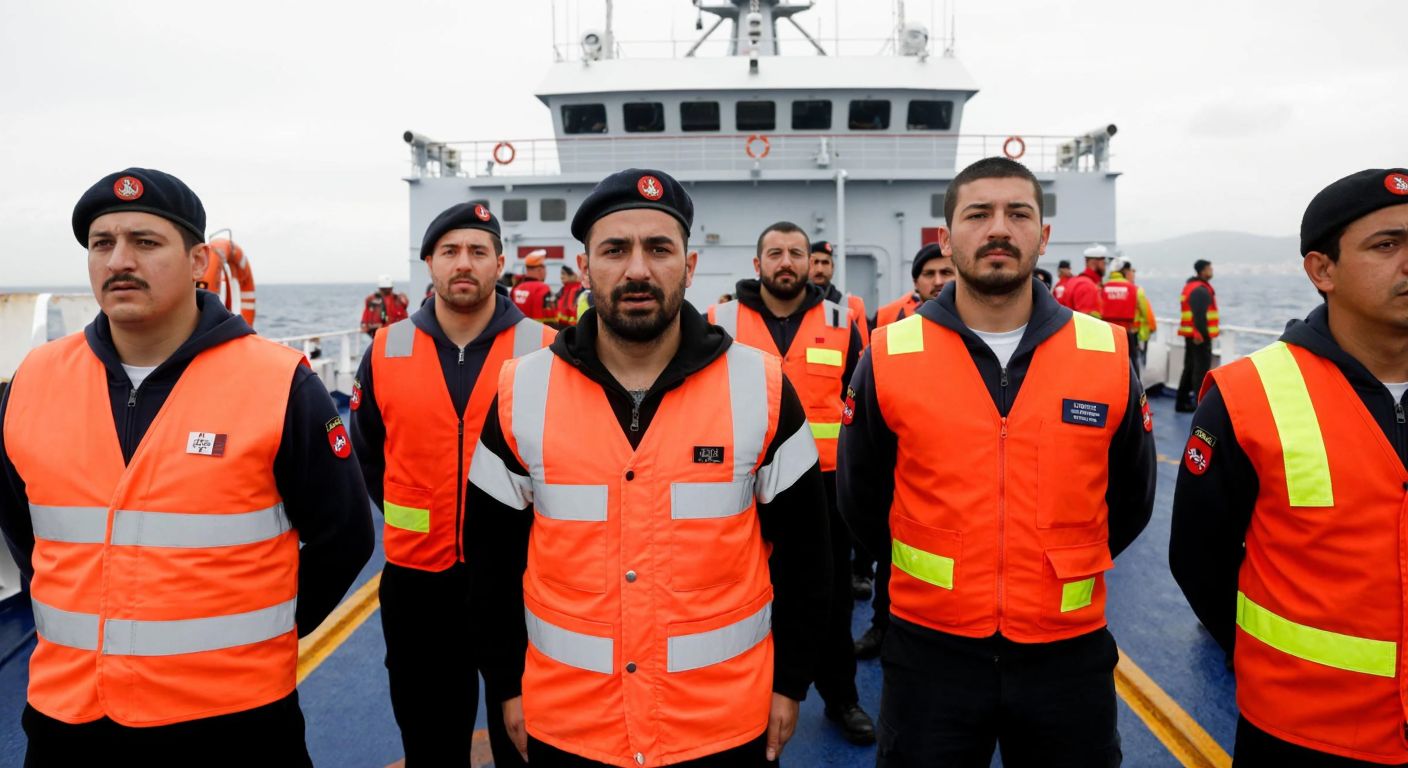 A tense group of Turkish sailors in orange life vests stands alert on a ship deck, their faces focused as they listen for instructions amidst the blaring sound of an emergency alarm, with lifeboats and fire extinguishers visible in the background.