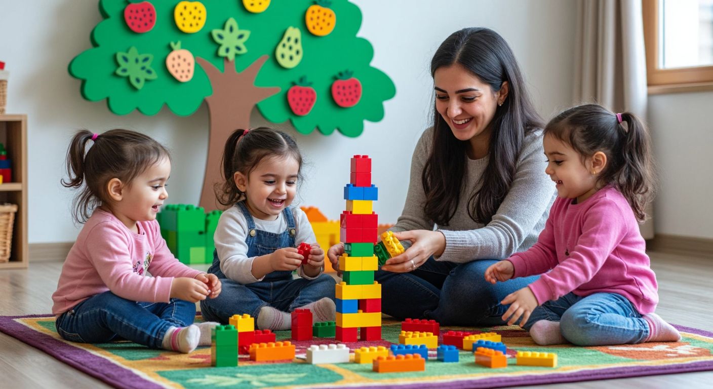 A cheerful Turkish preschool teacher and young children sit on a colorful rug, stacking Lego towers and counting domino pieces with bright smiles, surrounded by scattered wooden clothespins and paper fruit cutouts on a green cardboard tree.