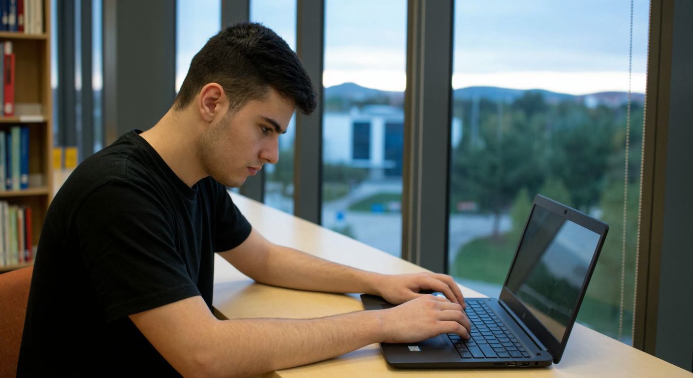 A young student in a university library in Northern Cyprus, focused and slightly frustrated, typing on a laptop with a campus view through the window.