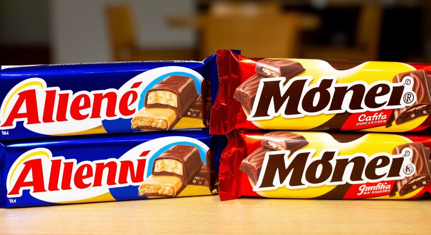 A colorful display of two distinct chocolate bars—one Albeni with its creamy filling and the other Metro with its rich texture—placed side by side on a wooden table in a Turkish café, evoking a sense of familiarity and indulgence.