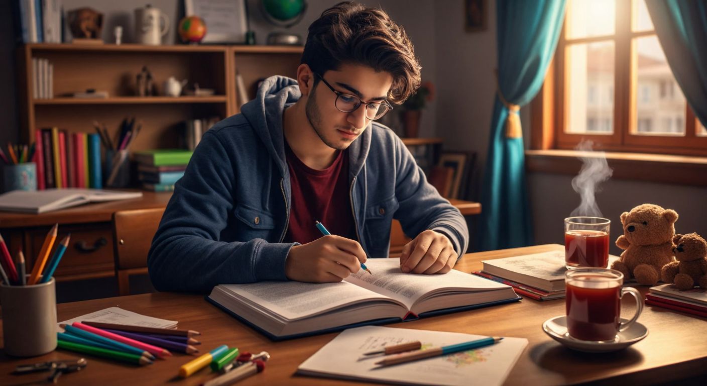 A focused Turkish student sitting at a wooden desk with an open workbook titled "Sosyal Bilgiler Atölyem," surrounded by colorful stationery and a steaming cup of çay, looking determined while flipping through pages.