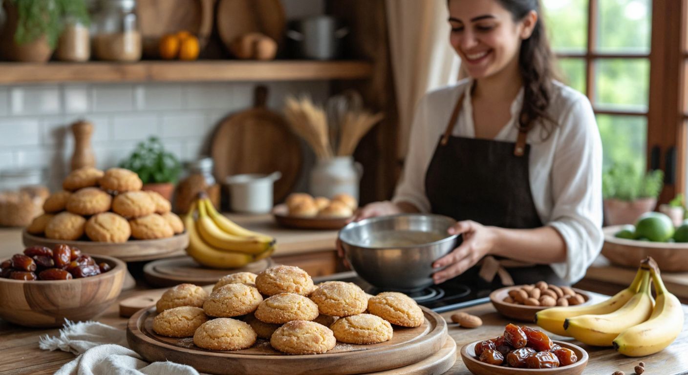A warm Turkish kitchen with golden-brown sugar-free cookies on a wooden tray, surrounded by natural sweeteners like dates and bananas, and a smiling woman in an apron holding a mixing bowl.