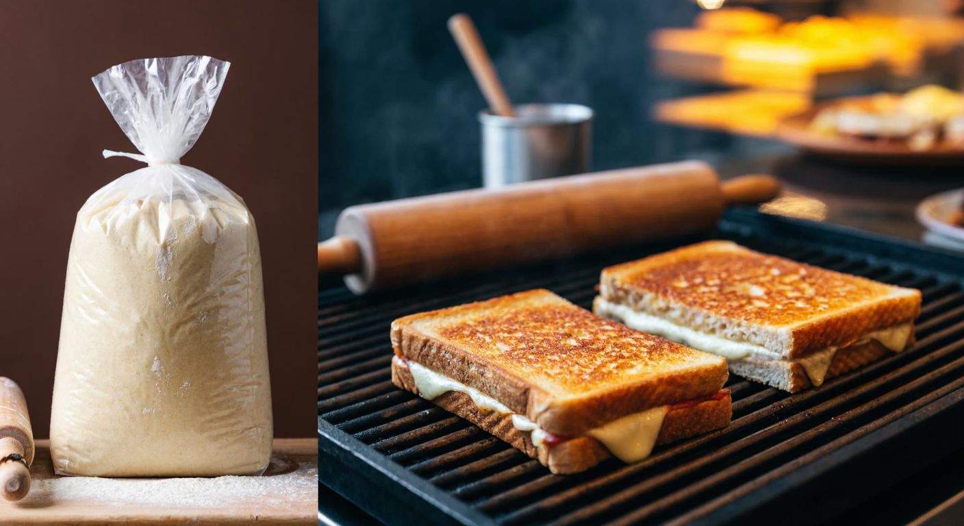 A split image showing a bag of flour with a rustic wooden rolling pin on one side, and a sizzling golden-brown tost sandwich with melted cheese on a grill on the other, set against a warm Turkish café backdrop.