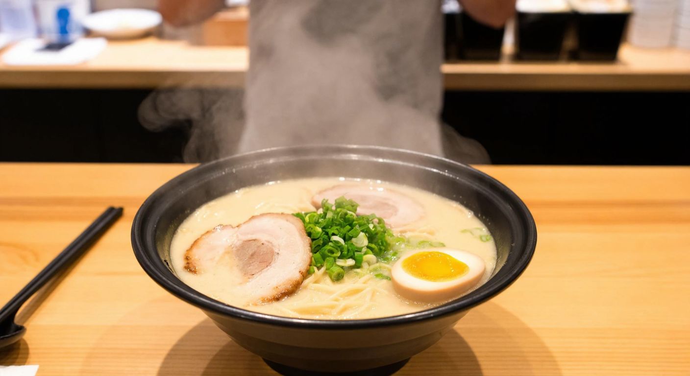 A steaming bowl of creamy tonkotsu ramen with thin noodles, topped with slices of chashu pork, green onions, and a soft-boiled egg, set on a wooden counter in a cozy Japanese ramen shop.