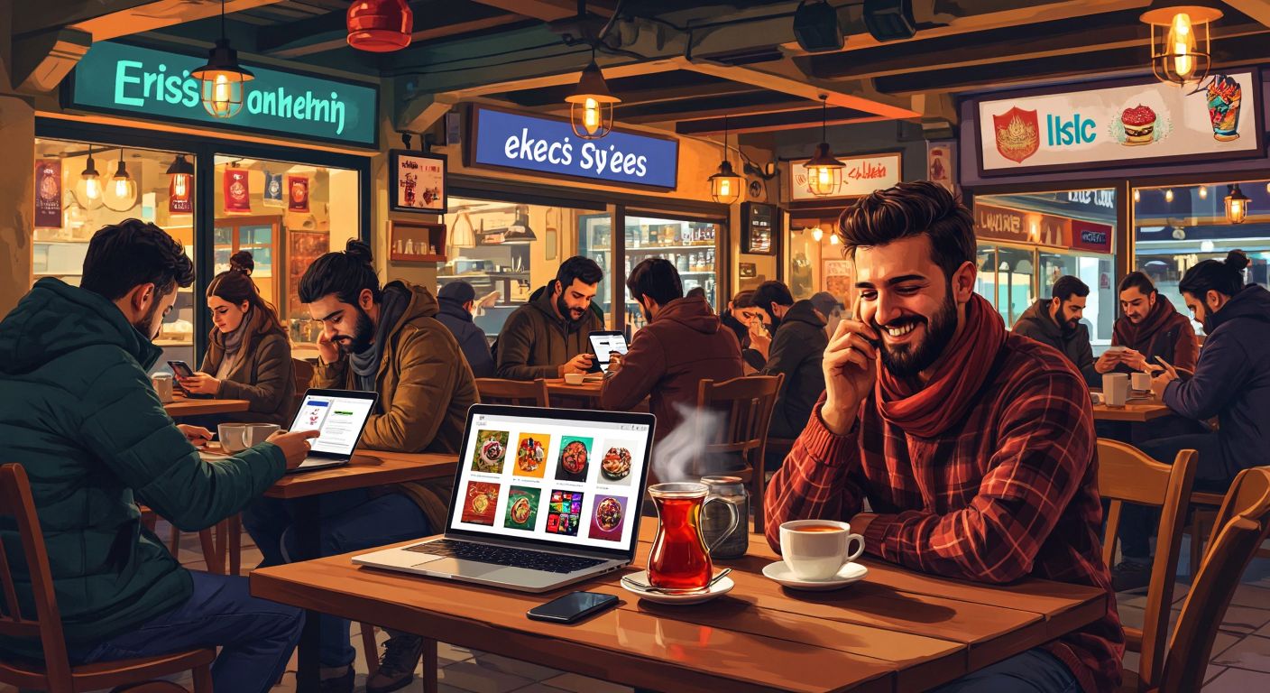 A bustling Turkish café with people scrolling through their phones, a laptop displaying colorful ads next to a steaming cup of çay, and a content creator smiling while editing a vibrant post on Ekşi Şeyler.