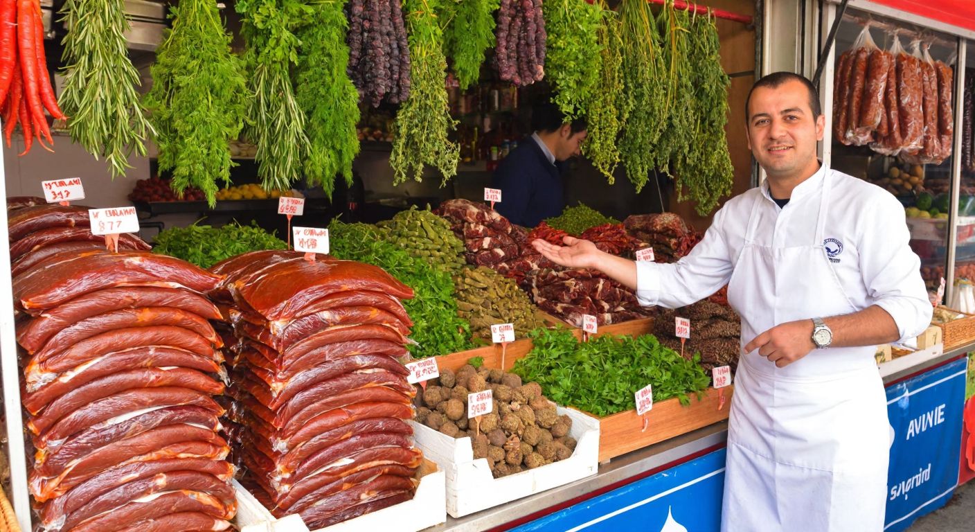 A vibrant Turkish market stall displays neatly stacked packages of pastırma with labels removed, surrounded by fresh herbs and spices, while a shopkeeper in a white apron gestures toward the selection with a welcoming smile.