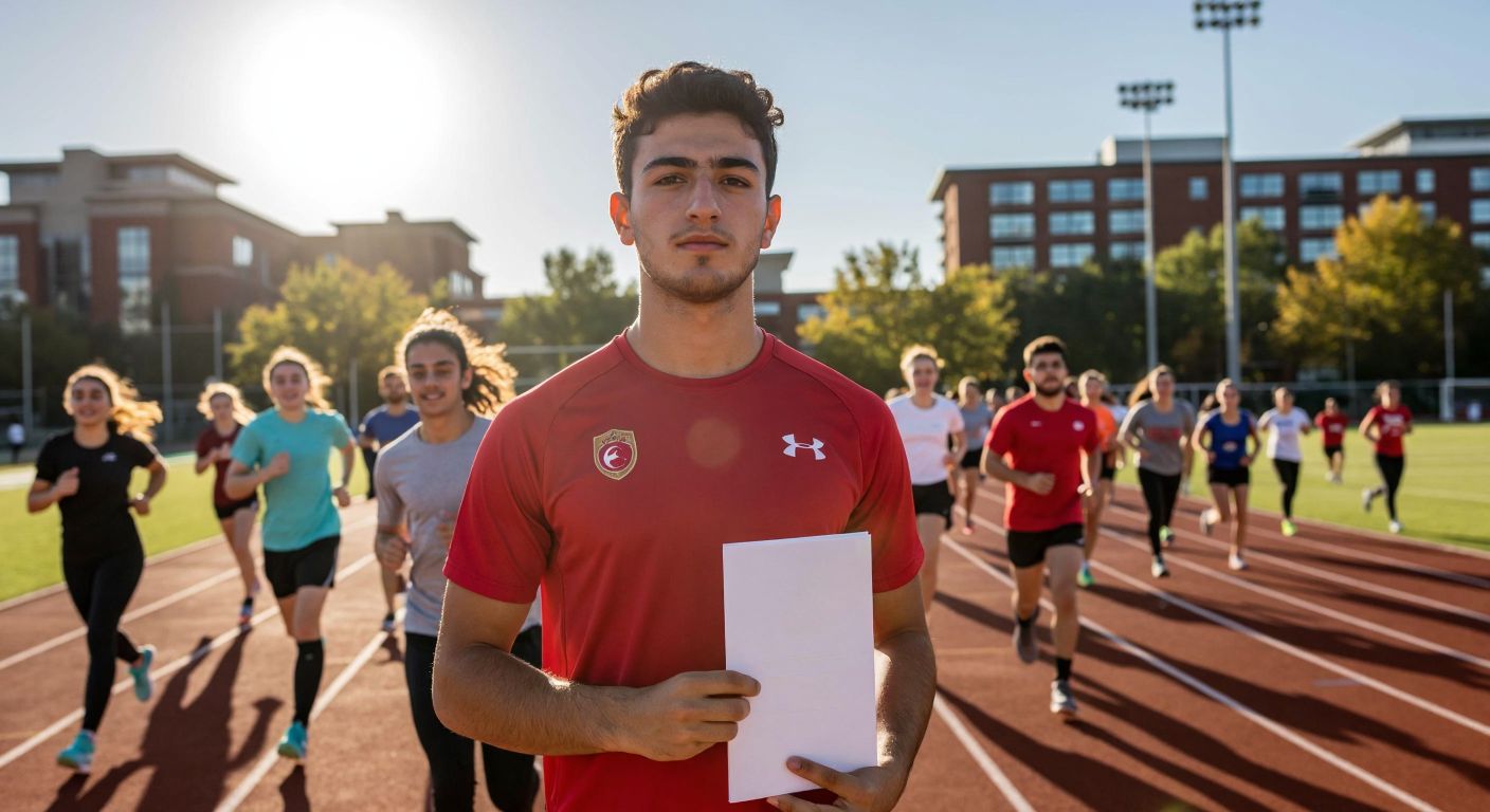 A young Turkish athlete in a red sports jersey stands confidently on a university campus track field, holding a diploma, with a group of diverse students jogging in the background under a bright sun.