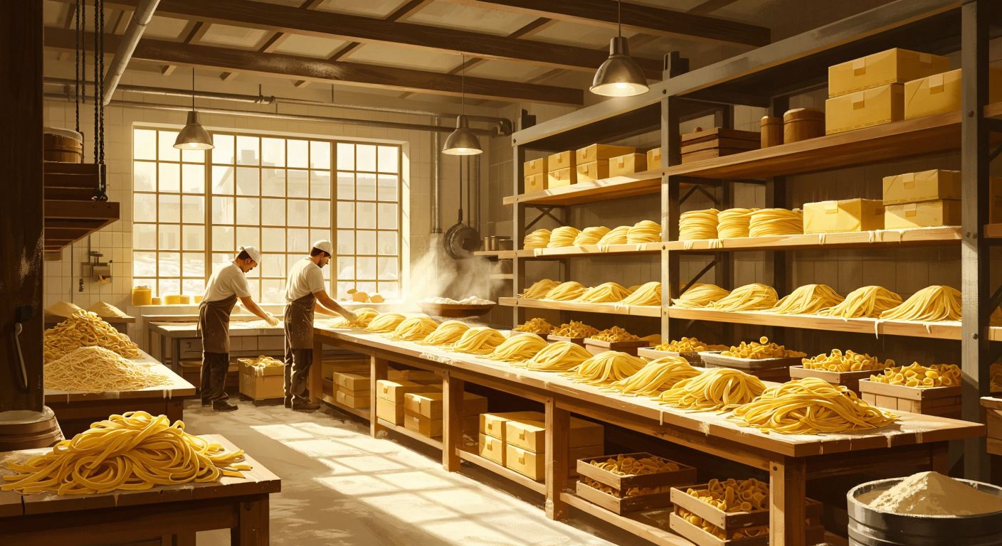 A warm-toned factory scene with golden wheat being ground into flour, workers kneading smooth pasta dough, freshly shaped pasta drying on racks, and neatly packaged pasta boxes stacked on wooden shelves.
