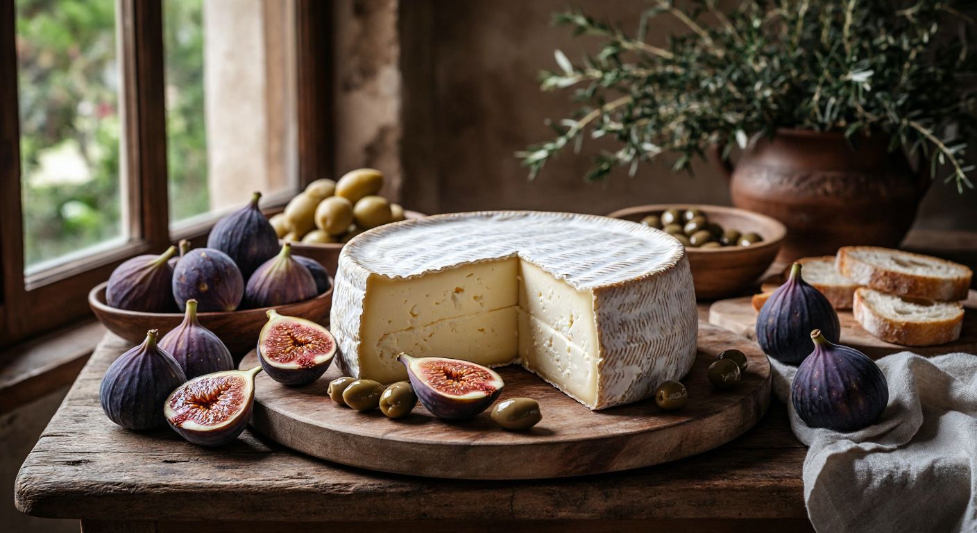 A rustic wooden table in a sunlit Turkish kitchen holds a round, aged cheese wheel with a golden rind, sliced open to reveal a creamy interior, surrounded by fresh figs, olives, and crusty bread.