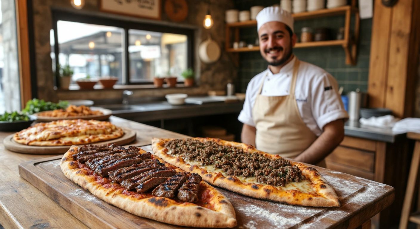 A rustic wooden table in a cozy Konya eatery holds two steaming flatbreads—one thinly sliced with juicy grilled meat peeking out (bıçak arası), and the other topped with golden minced meat and melted local cheese (Mevlana pide), while a cook in a flour-dusted apron smiles warmly nearby.