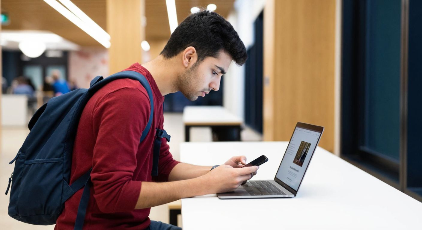 A young student in a modern university library in Istanbul, wearing a backpack and holding a smartphone, looks focused while navigating a university website on a laptop screen.