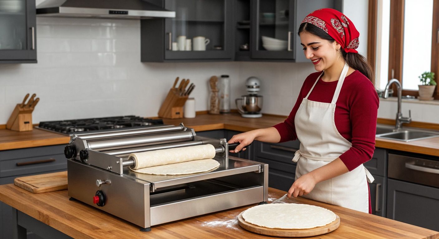 A stainless steel yufka rolling machine sits on a wooden kitchen counter, with smooth cylindrical rollers pressing thin dough into perfectly round sheets, while a woman in a traditional Turkish apron watches with satisfaction.