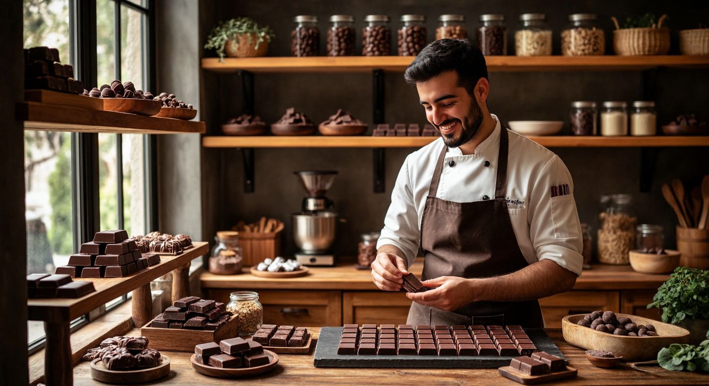 A cozy Turkish chocolate workshop with warm wooden shelves displaying artisanal chocolates, a smiling chef in an apron crafting treats, and the rich aroma of cocoa filling the air.