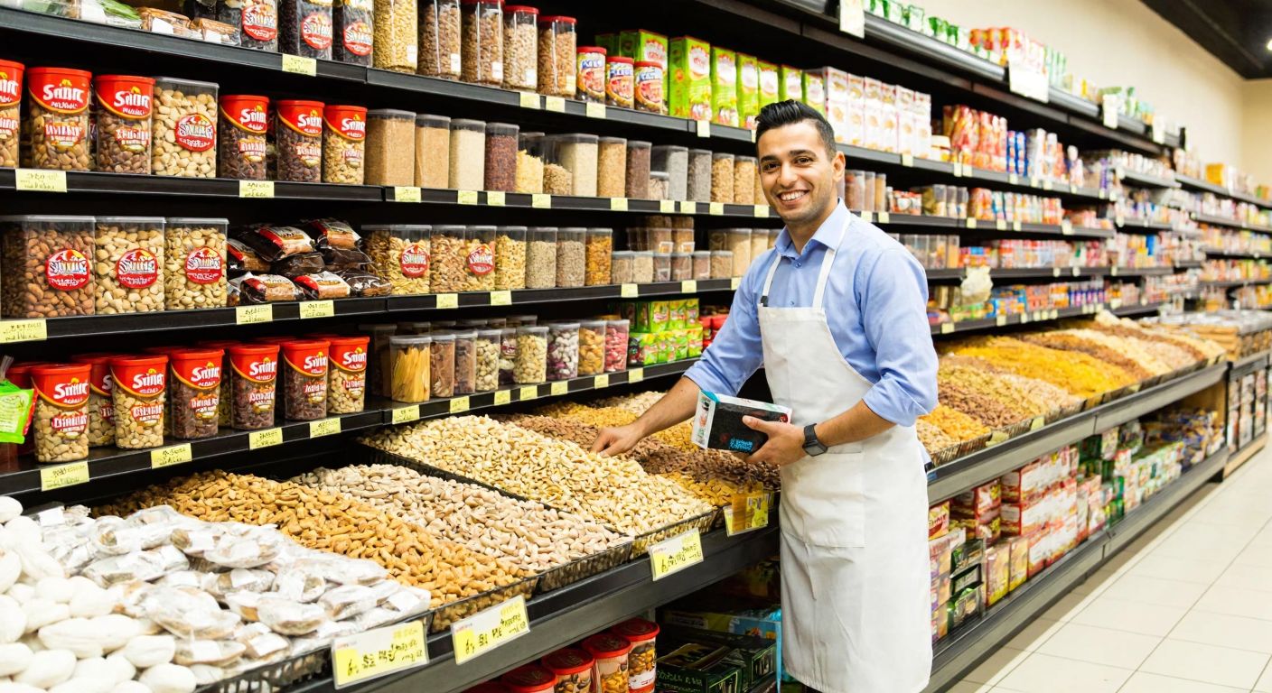 A colorful display of assorted Simbat-branded nuts and snacks in a Turkish grocery aisle, with a cheerful shopkeeper in a white apron stocking the shelves.