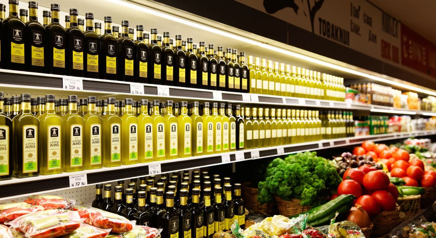 A well-stocked Turkish supermarket shelf with neatly arranged bottles of Tariş olive oil in various sizes, bathed in warm light, surrounded by fresh produce like tomatoes and peppers.