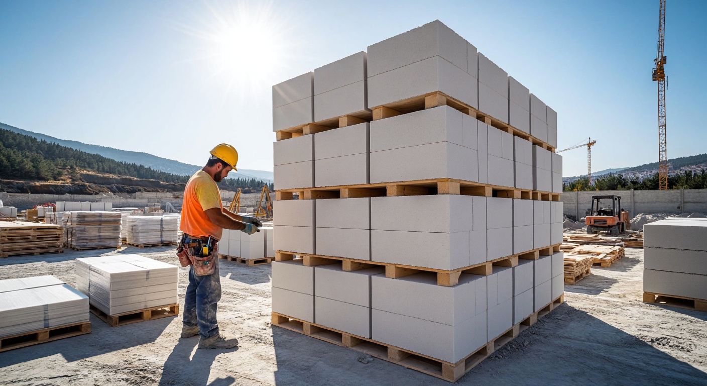 A stack of smooth, lightweight Ytong blocks in a Turkish construction site, with a worker in a hardhat and dusty clothes counting them, surrounded by pallets and tools under a bright sun.