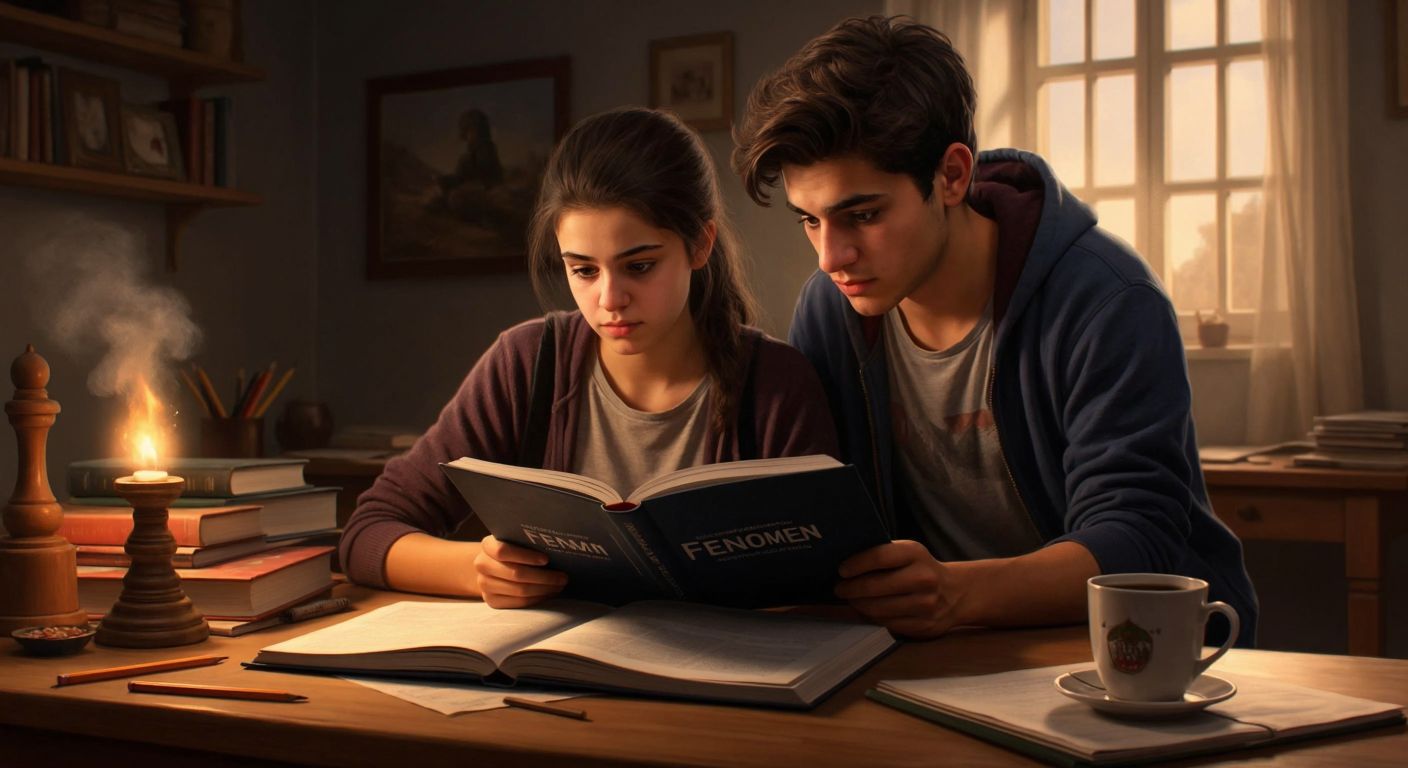 A Turkish teenager with a focused expression sits at a wooden desk, flipping through a thick workbook labeled "Fenomen" while a concerned teacher leans over to guide them, with scattered pencils and a steaming cup of çay nearby.