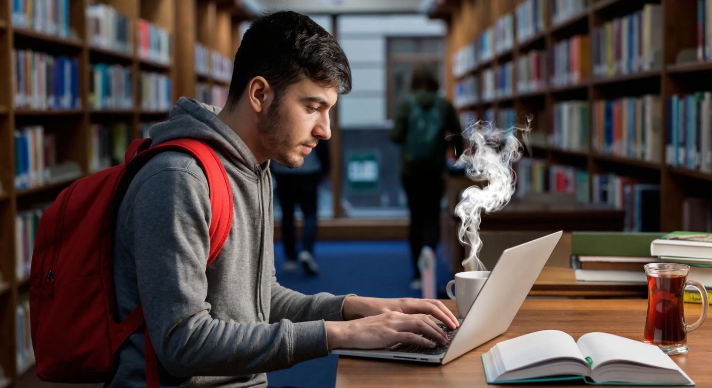 A young Turkish student in a university library, wearing a backpack and looking focused, navigates a digital interface on a laptop while surrounded by textbooks and a steaming cup of çay (tea).