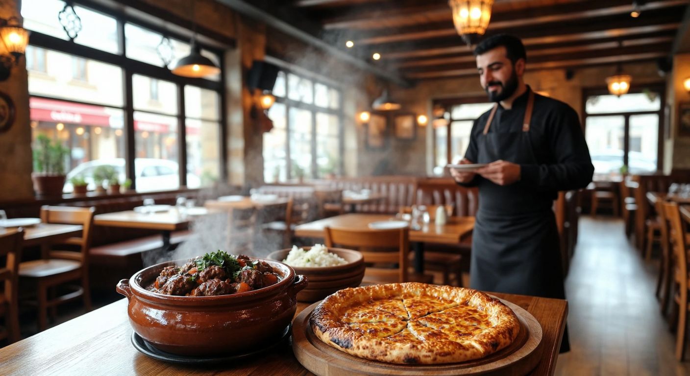 A cozy Turkish restaurant interior with a steaming clay pot of *Çanak Kebap* and a golden, flaky *Katmer* on a wooden table, surrounded by warm lighting and traditional decor, while a waiter shakes their head politely in response to a customer's question.