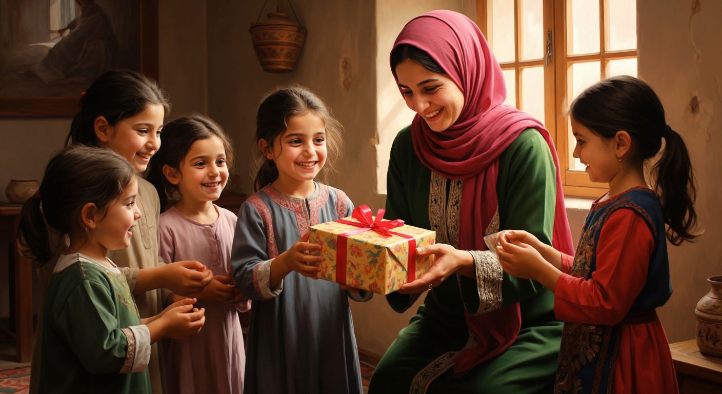 A warm scene in a Turkish orphanage, where smiling children in modest but clean clothes receive colorful gift boxes from kind-hearted volunteers in simple, traditional attire, their faces glowing with joy and gratitude.