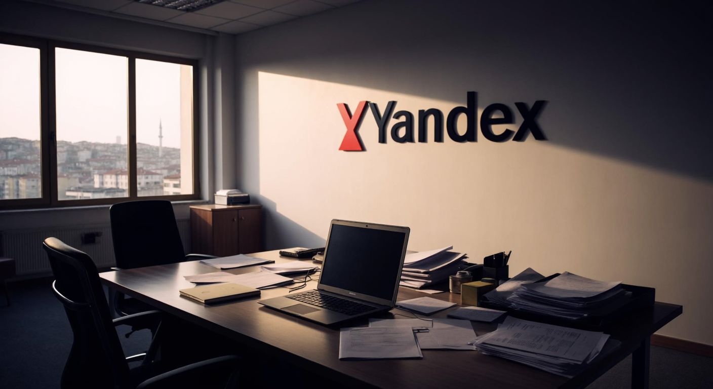 A dimly lit, empty office in Istanbul with a Yandex logo fading on the wall, a closed laptop on a desk, and scattered papers symbolizing declining revenue and departure.
