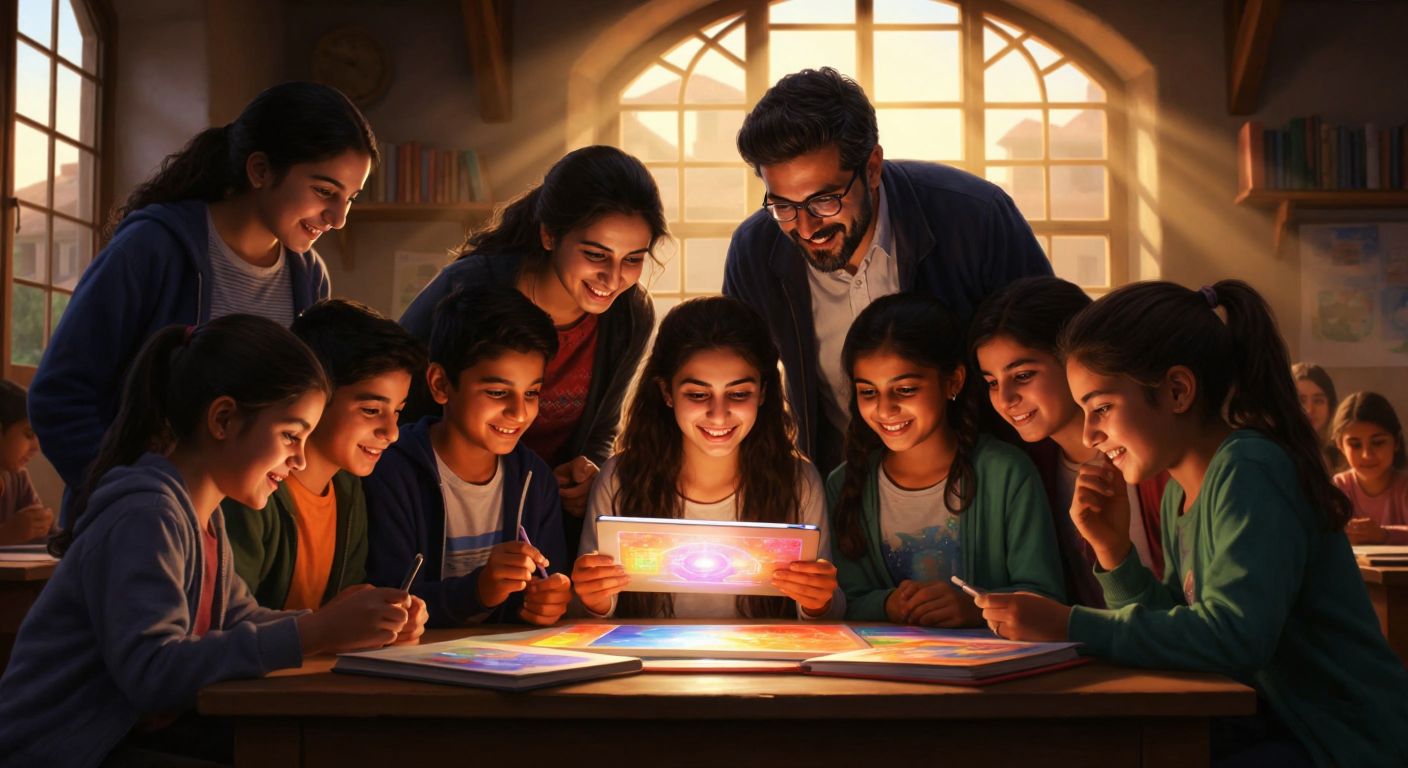 A group of diverse Turkish students and a teacher gathered around a glowing tablet in a sunlit classroom, smiling as they explore colorful digital textbooks and educational videos.