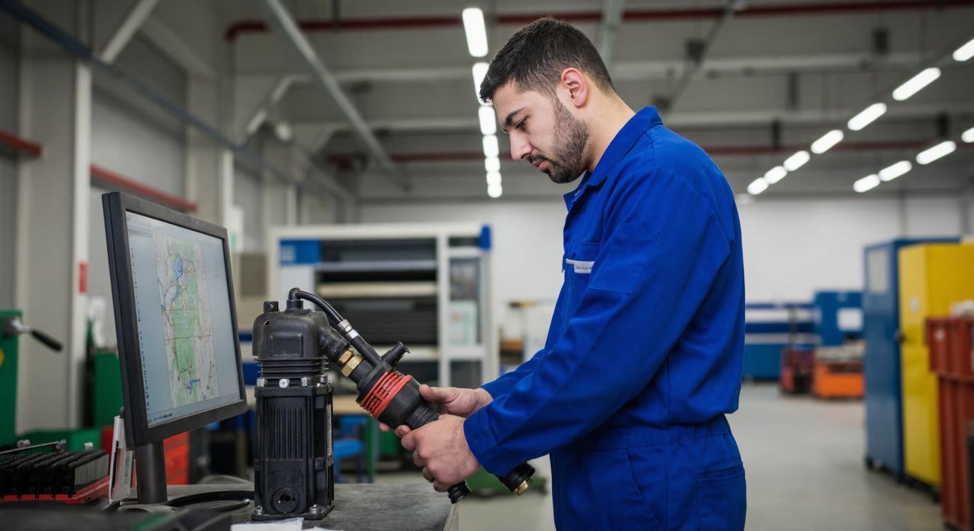 A focused Turkish man in a blue work uniform stands in a well-lit industrial service center, holding a pump part while looking at a computer screen displaying a map of Istanbul.