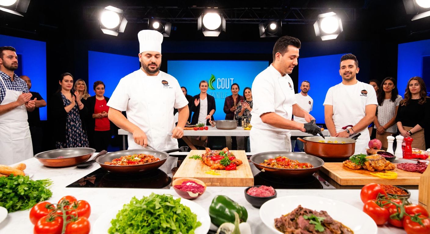 A vibrant cooking competition set in a Turkish kitchen, with chefs in white aprons preparing colorful dishes under bright studio lights, surrounded by fresh ingredients and a cheering audience.