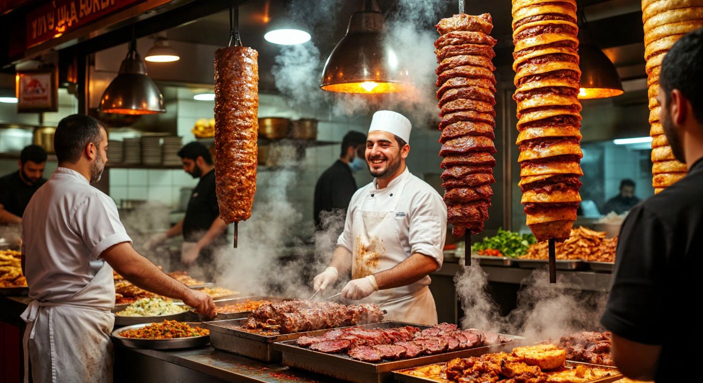 A bustling Turkish street food scene with sizzling vertical spits of seasoned meat, steam rising from freshly sliced döner, and a smiling chef in a white apron serving generous portions to eager customers under warm golden lights.