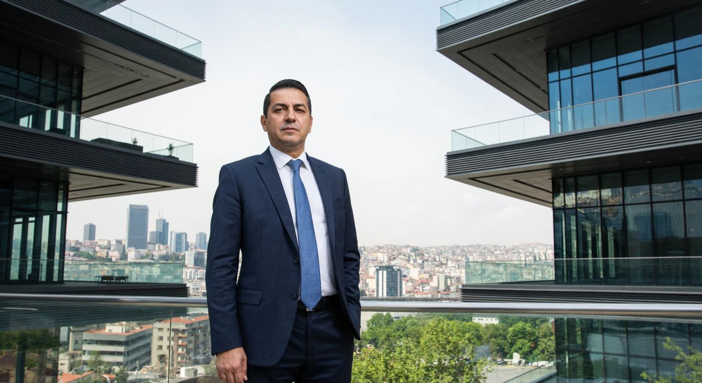 A distinguished Turkish businessman in a tailored suit stands confidently in front of the modern glass-and-steel Zorlu Center in Istanbul, with the city skyline in the background.