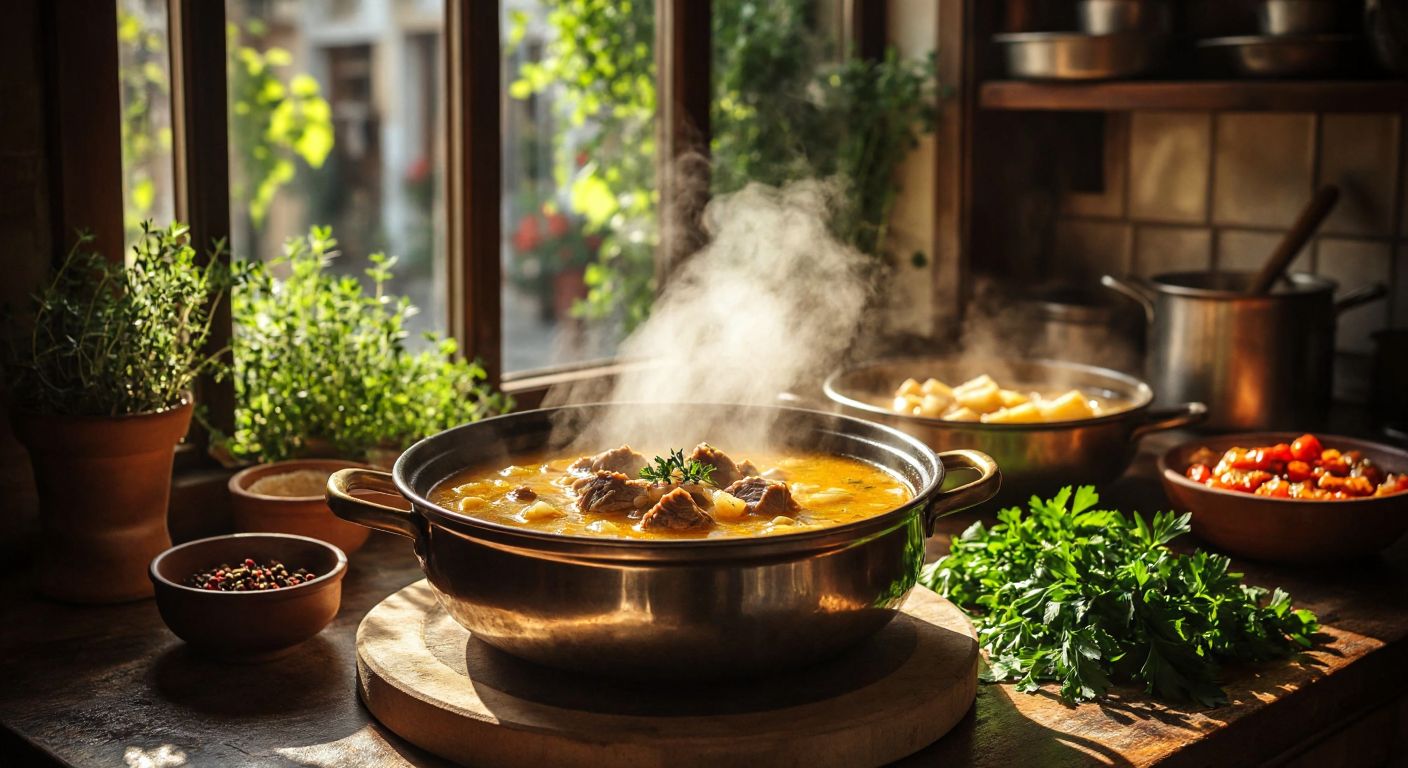 A steaming bowl of **tuzlama çorbası** with golden broth and tender meat, placed on a rustic wooden table in a sunlit Istanbul kitchen, surrounded by fresh herbs and a warm, inviting atmosphere.