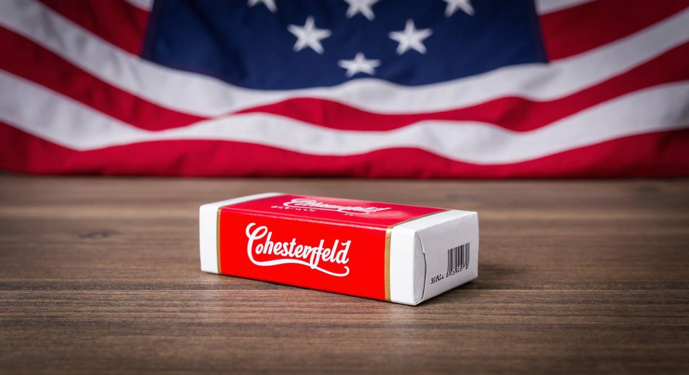 A sleek, red-and-white pack of Chesterfield cigarettes resting on a wooden table with an American flag subtly draped in the background.