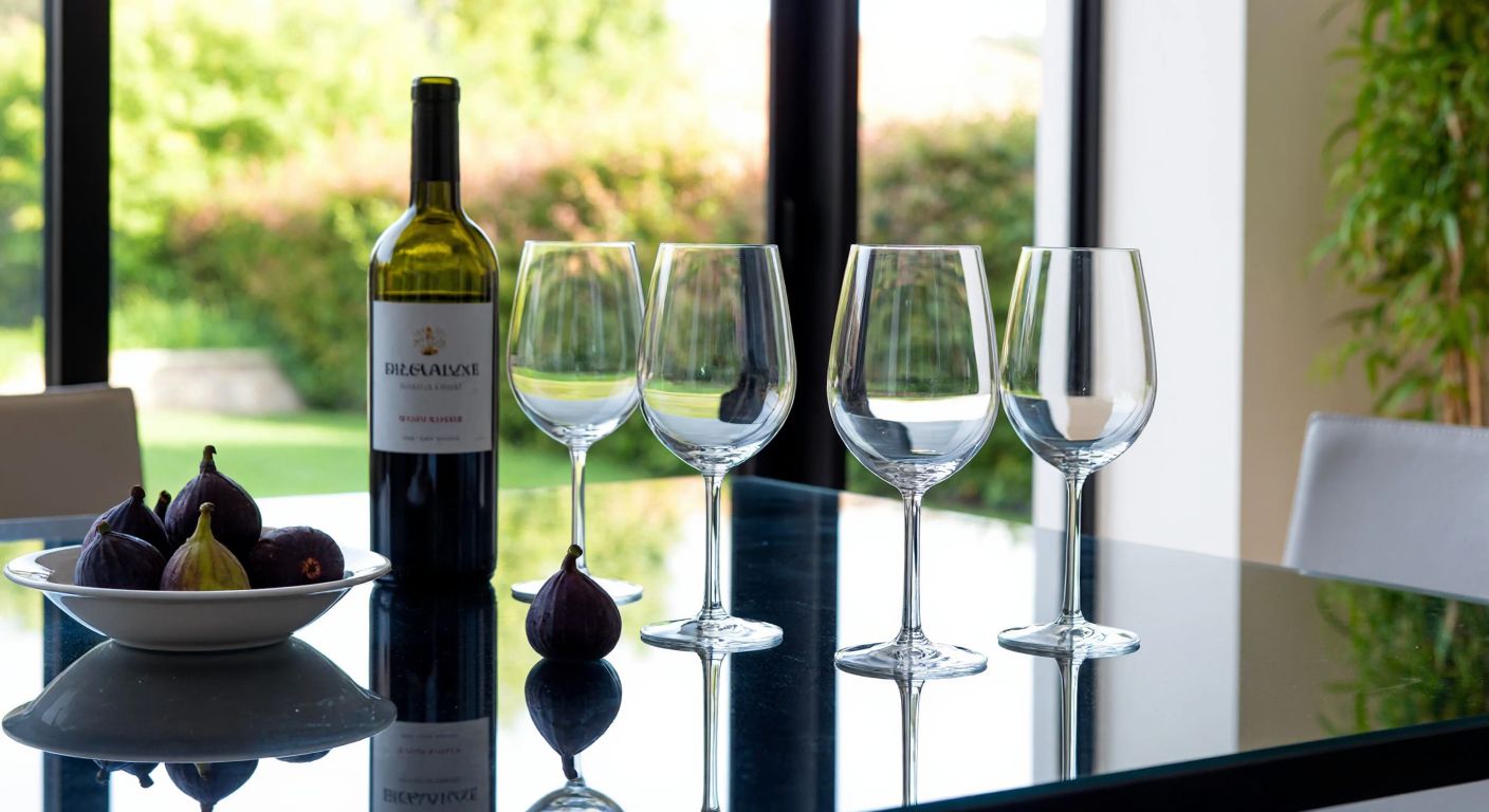 A polished glass dining table in a sunlit Turkish home displays an elegant arrangement of Paşabahçe Lyric wine glasses—each with distinct shapes and sizes—next to a bottle of local şarap and a bowl of fresh figs.