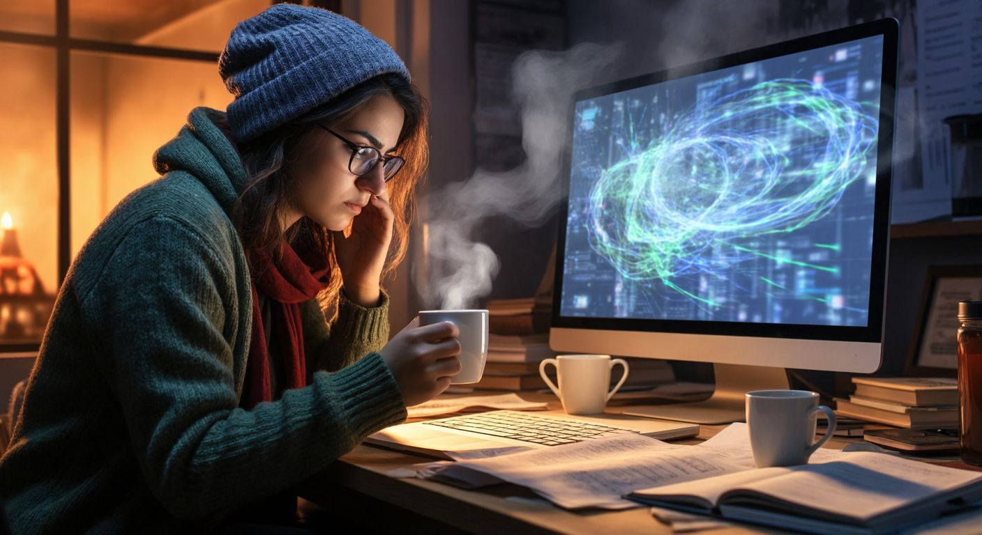 A person in Turkey squints at a glowing computer screen displaying abstract, unrecognizable text while holding a steaming cup of çay, surrounded by scattered papers with blurred writing.