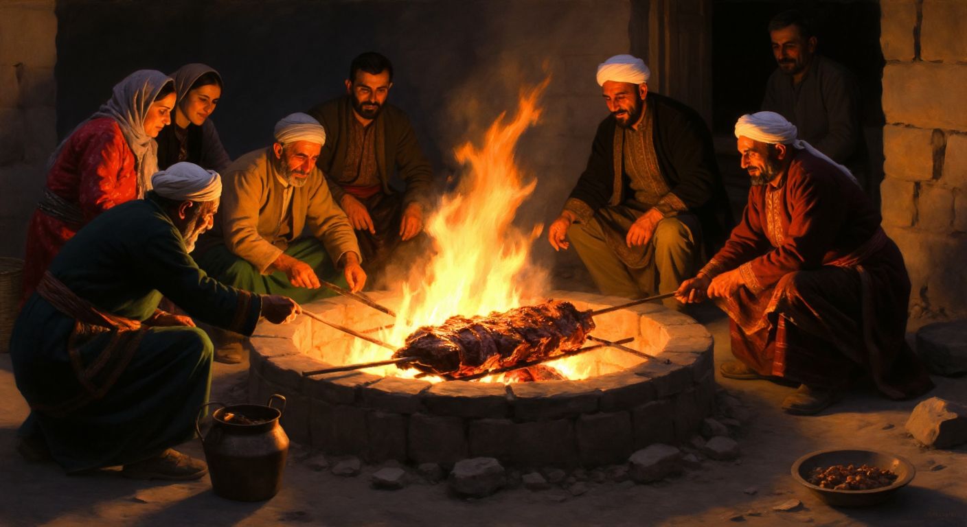 A deep, glowing pit in the earth with a skewered lamb slowly roasting over crackling wood flames, surrounded by villagers in traditional Turkish attire eagerly watching the process, their faces lit by the warm firelight.